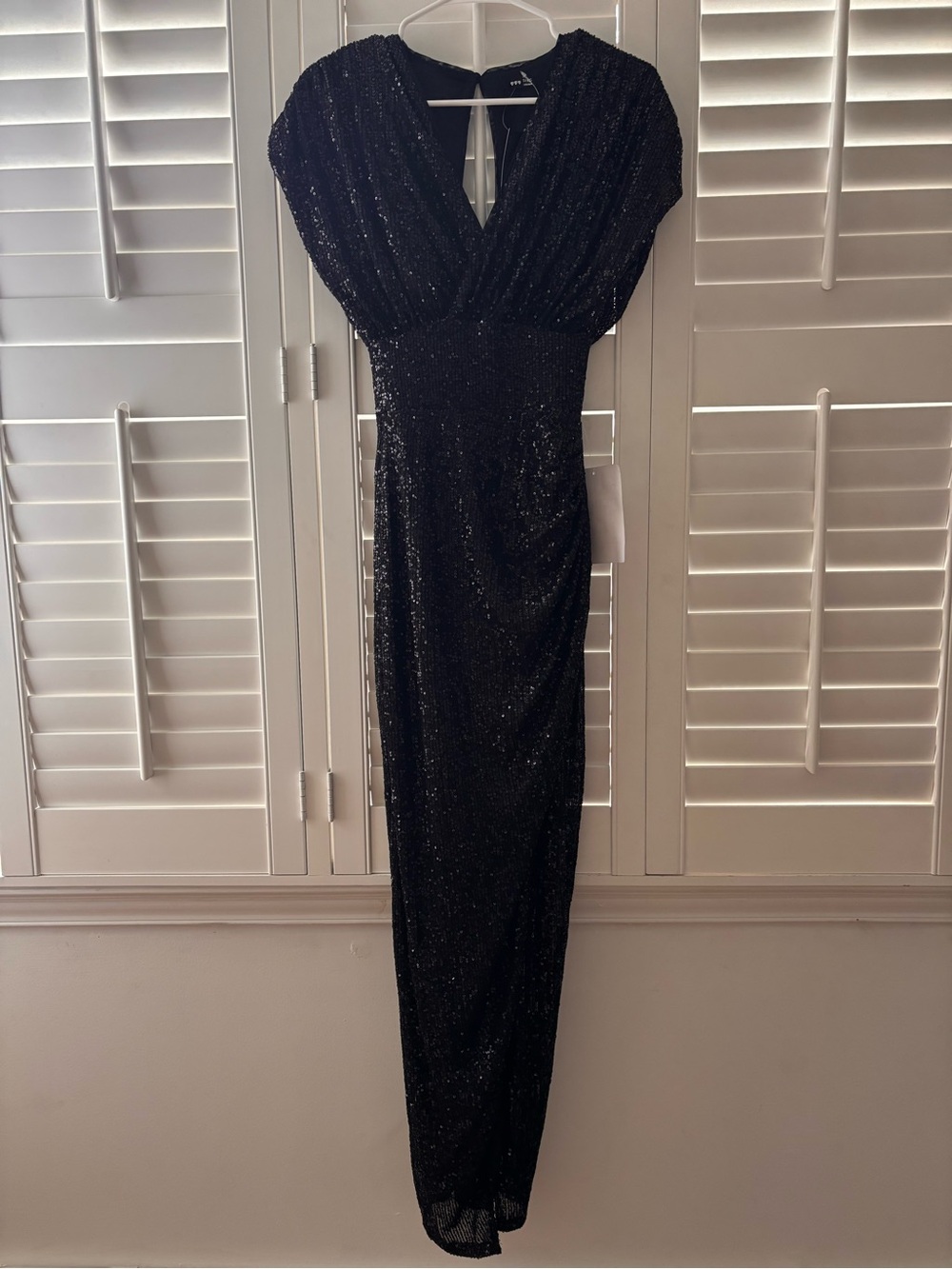 Black Sequin Maxi Dress with Draped V-Neck